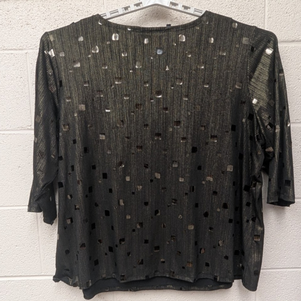 Java 3X (26/28) Black Shimmer Blouse With Gold Threads And Ice-like Decals - Picture 8 of 13